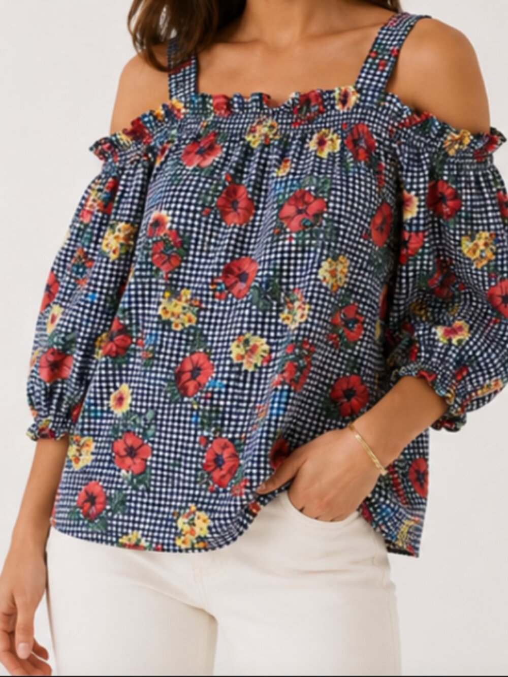 Twine & String Whimsical Floral Gingham Off-Shoulder Picnic Top Size Large